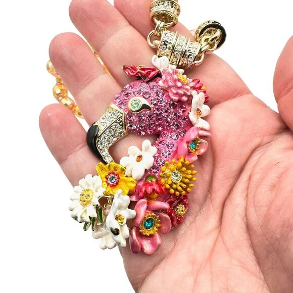 Kirks Folly Flourishing Flamingo Necklace Gold Tone Crystal Pink